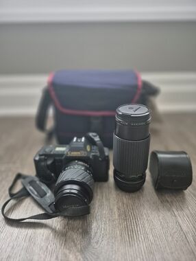 Vintage Canon T70 35mm Camera With 3 Various Magnicon + Makinon Lens + Bag. NEW